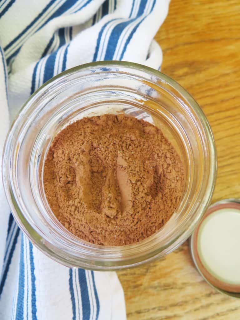 Hot chocolate powder in mason jar.
