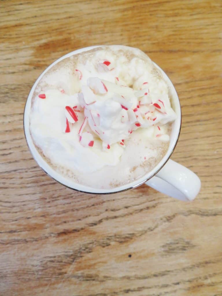 Peppermint hot chocolate with crushed candy canes. 