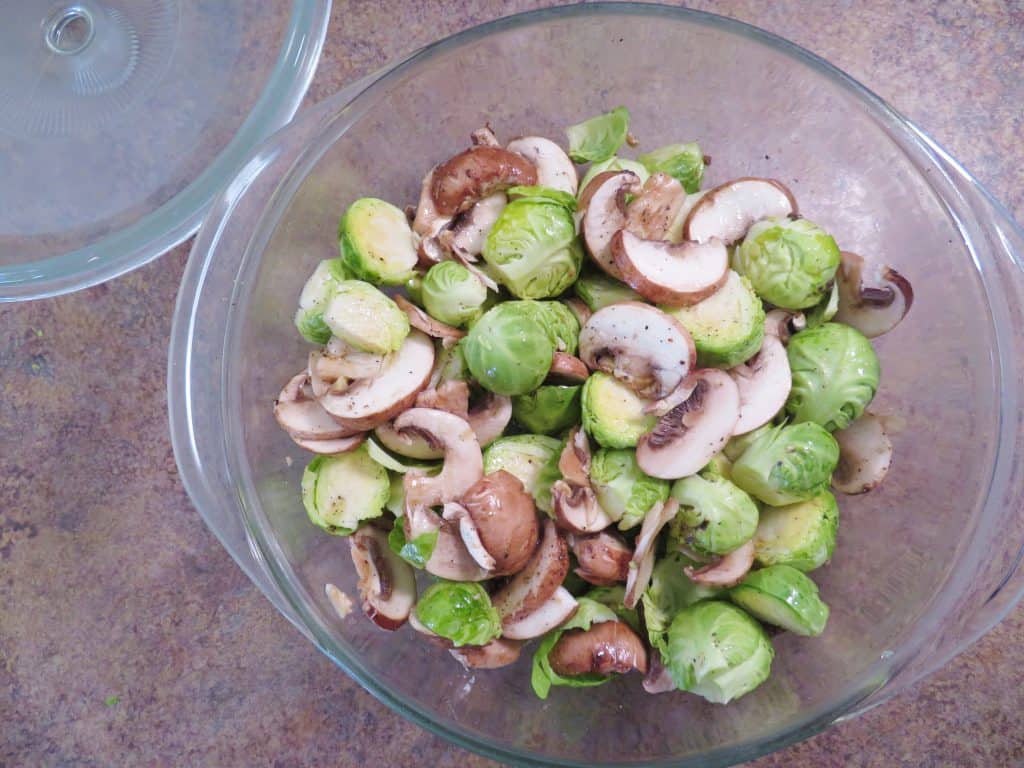 Prepped ingredients for roasted brussels sprouts