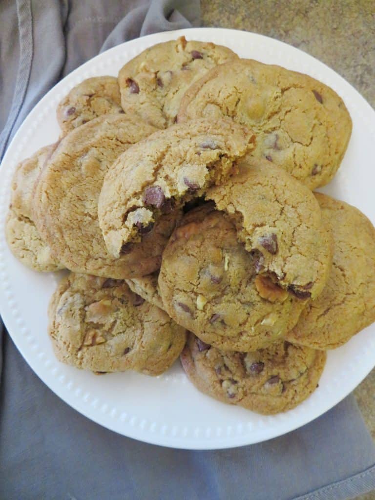 Baked close up on chocolate cookies with walnuts. 