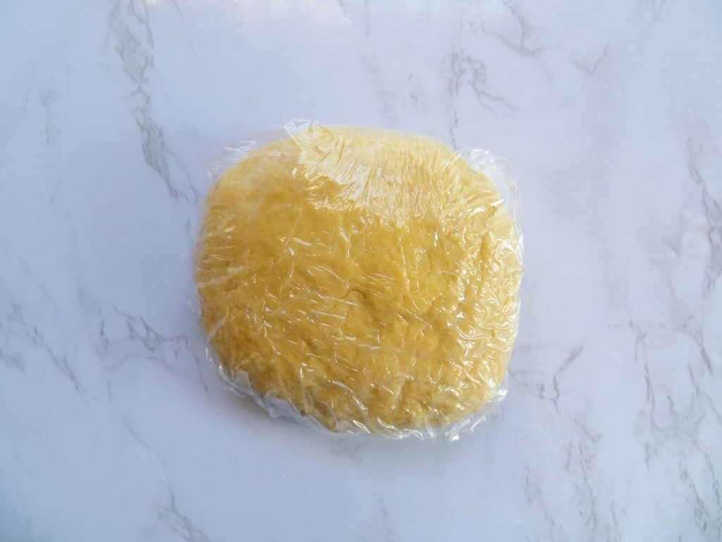 Homemade pasta dough in plastic wrap.