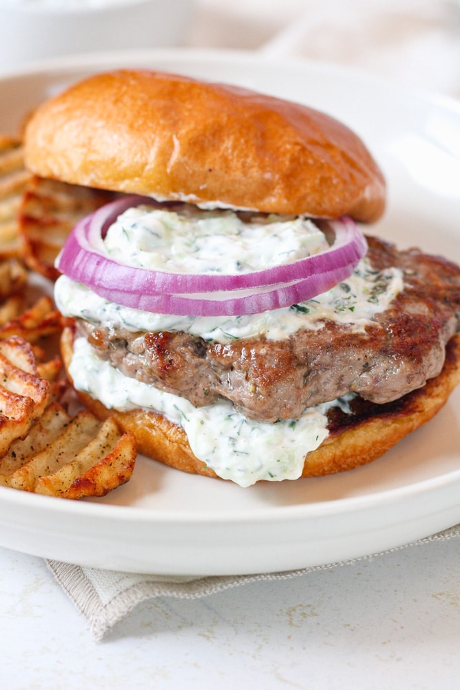 Close up image of lamb burger with tzatziki sauce and red onion.